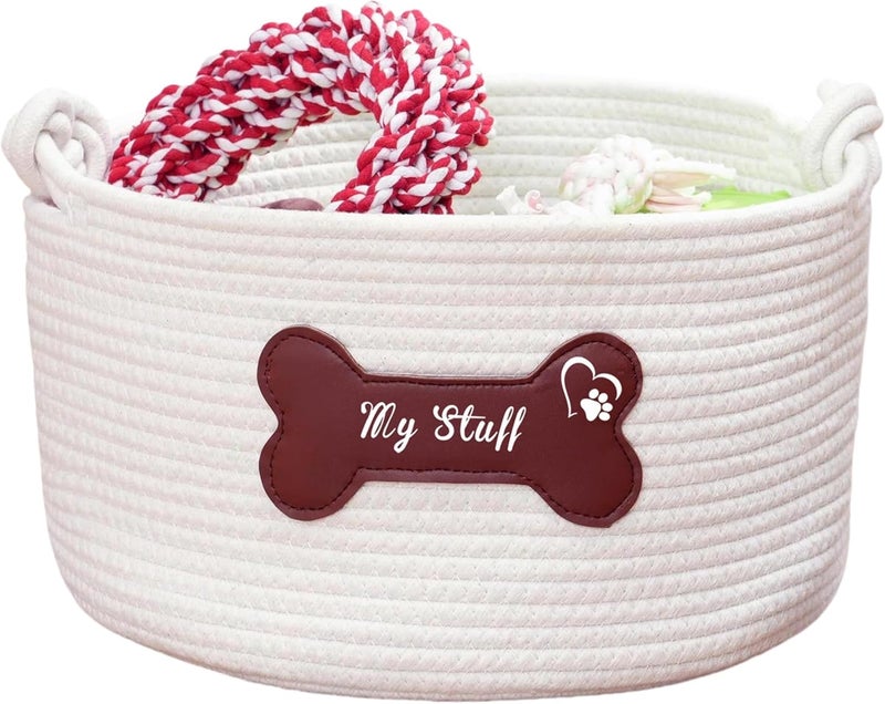 JUPPE Pet Dog Storage Basket with Brown Leather Bone Design, Cotton Rope Organizer for Dog Toys, 12 x 12 x 7 inches, Puppy Toy Storage Organizer (Brown Leather Basket) - Image 1